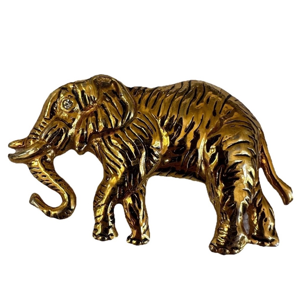 VTG 90’s NI 95 Gold Tone Elephant Belt Buckle Rhinestone Eye-Safari Figural Luck